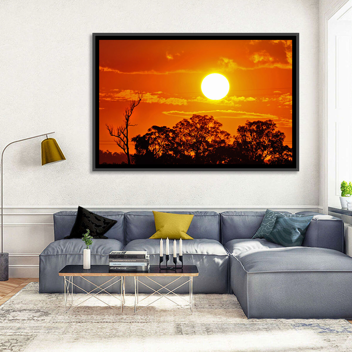 Burning Sun Over Tree Silhouettes Wall Art in a room, landscape
