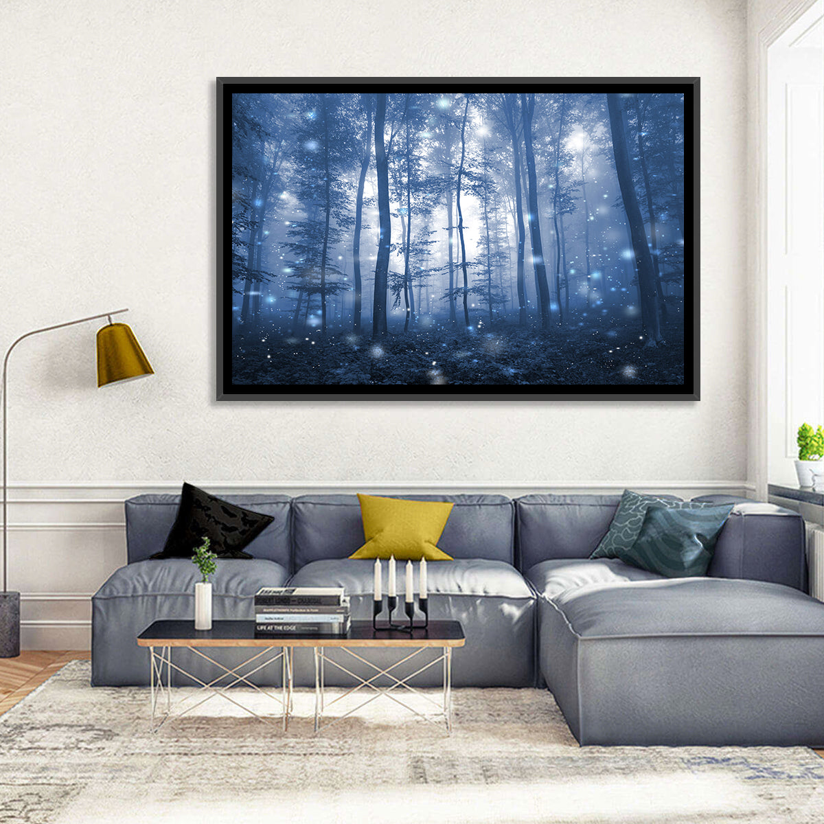 Blue Mist Forest at Twilight Wall Art in a room, landscape