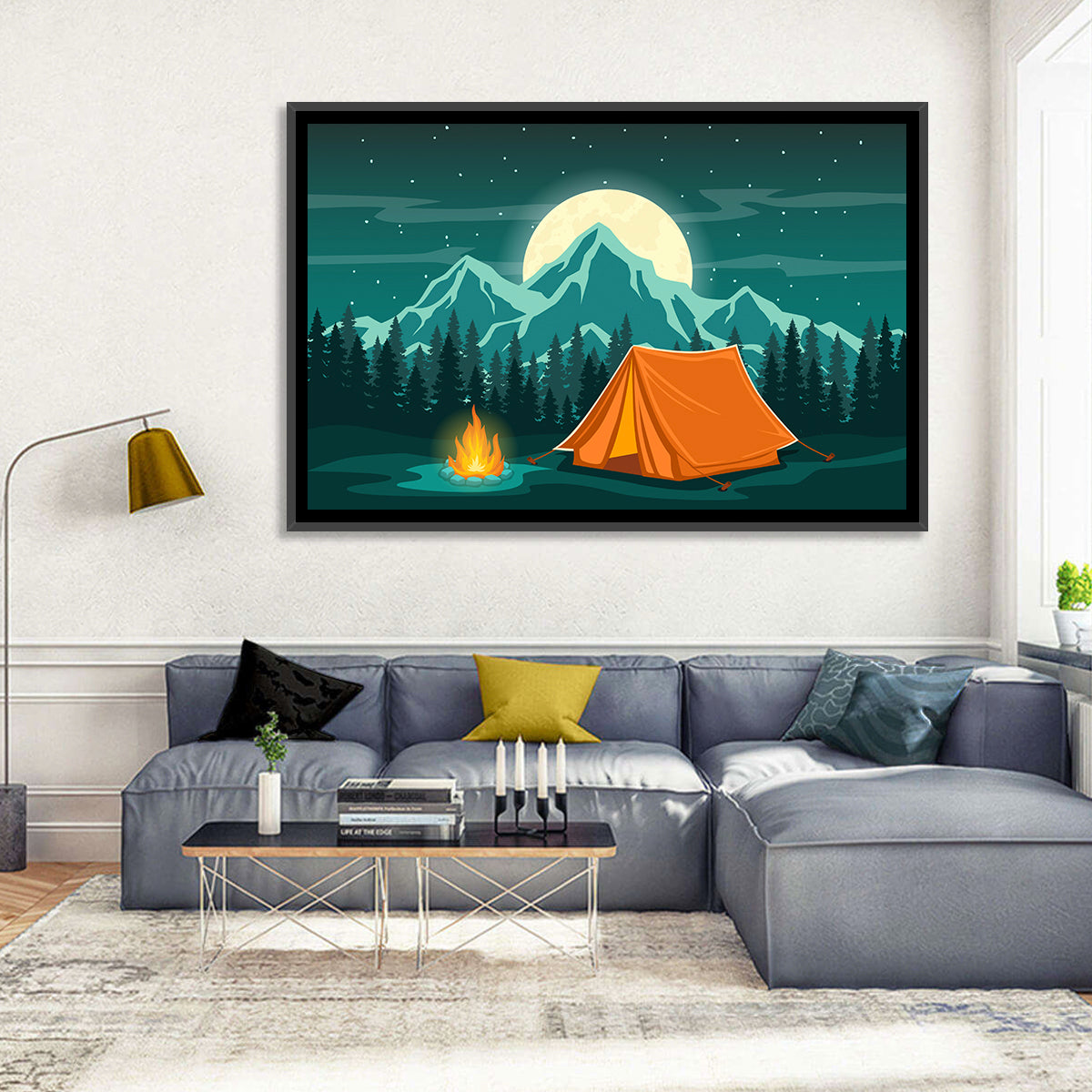 Moonlit Campfire Landscape Wall Art in a room, landscape