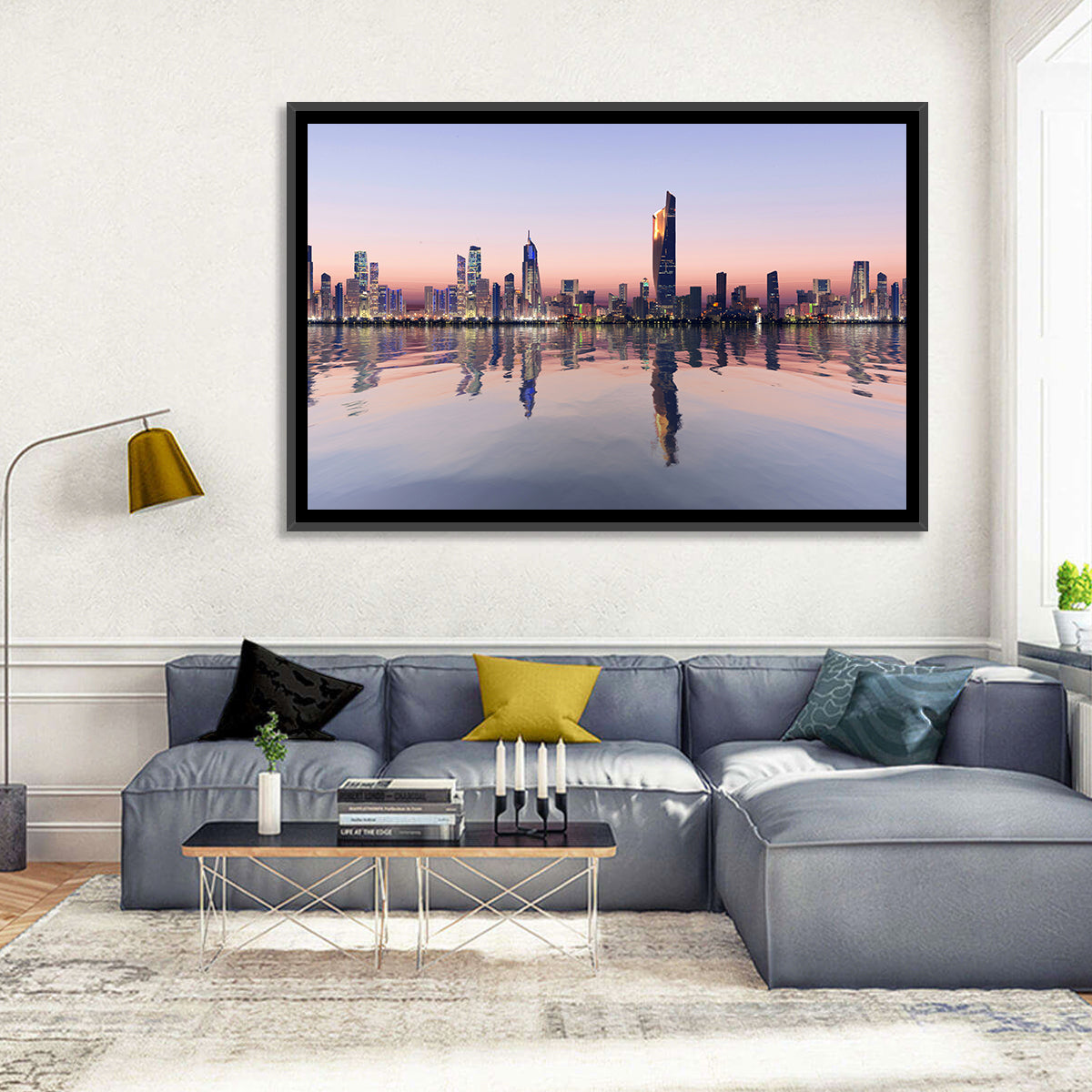 Al Hamra Tower Twilight Skyline Wall Art in a room, landscape
