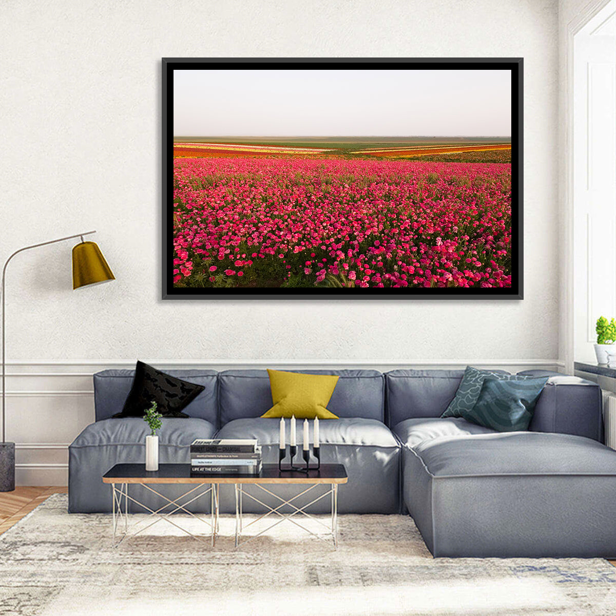 Pink Ranunculus Flower Field Wall Art in a room, landscape