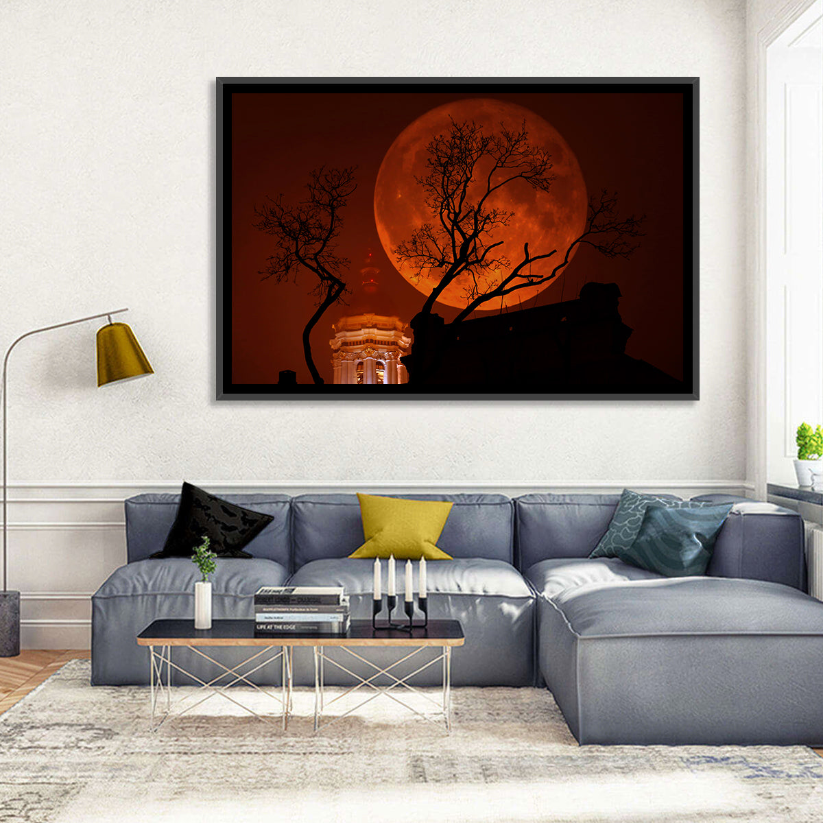 Haunted Supermoon Over Church Spire Wall Art in a room, landscape
