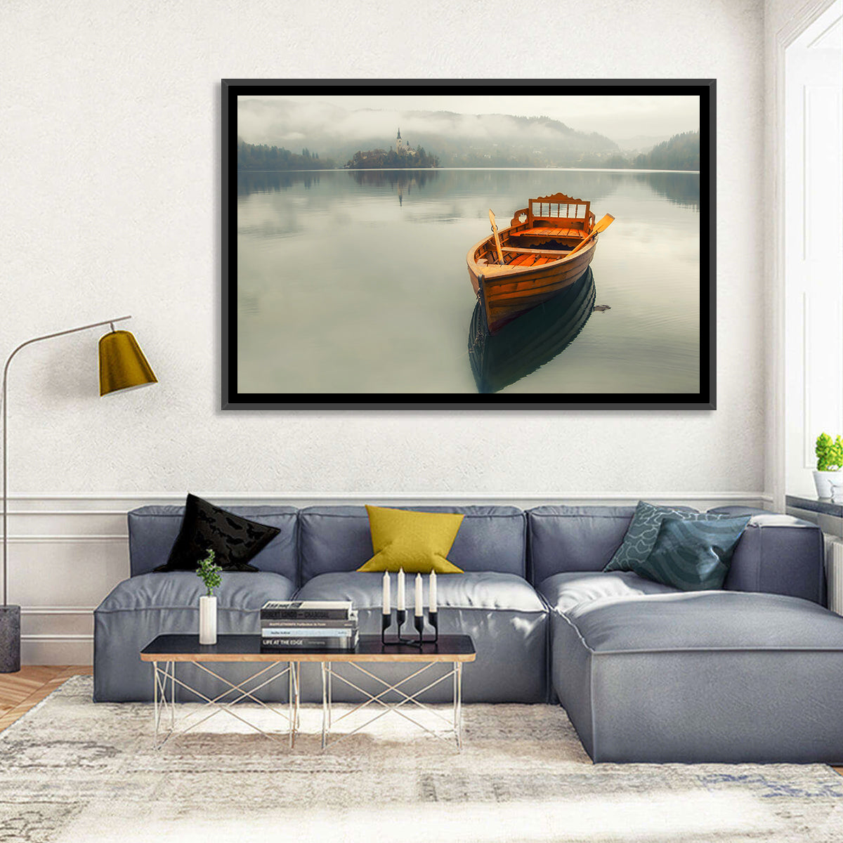 Wooden Boat on Misty Lake Bled Wall Art in a room, landscape