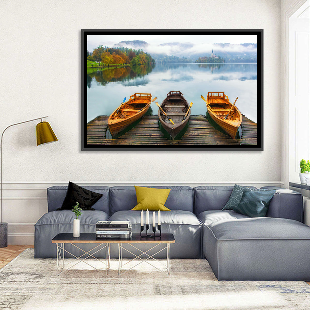 Moored Boats on Misty Lake Bled Wall Art