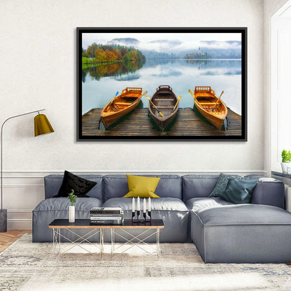 Moored Boats on Misty Lake Bled Wall Art