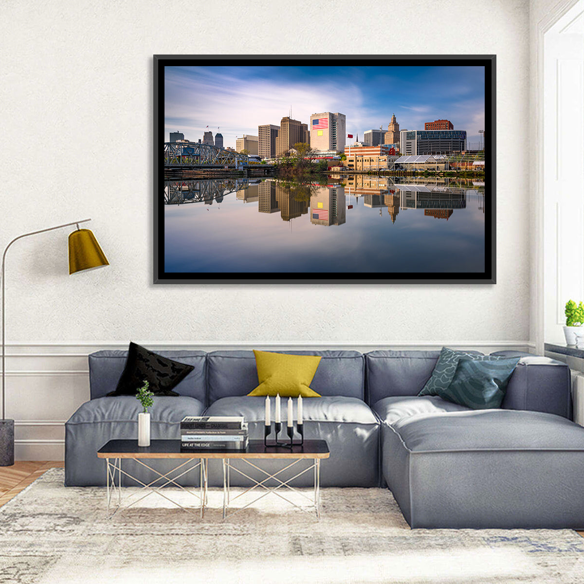 Newark Skyline Reflection Wall Art in a room, landscape