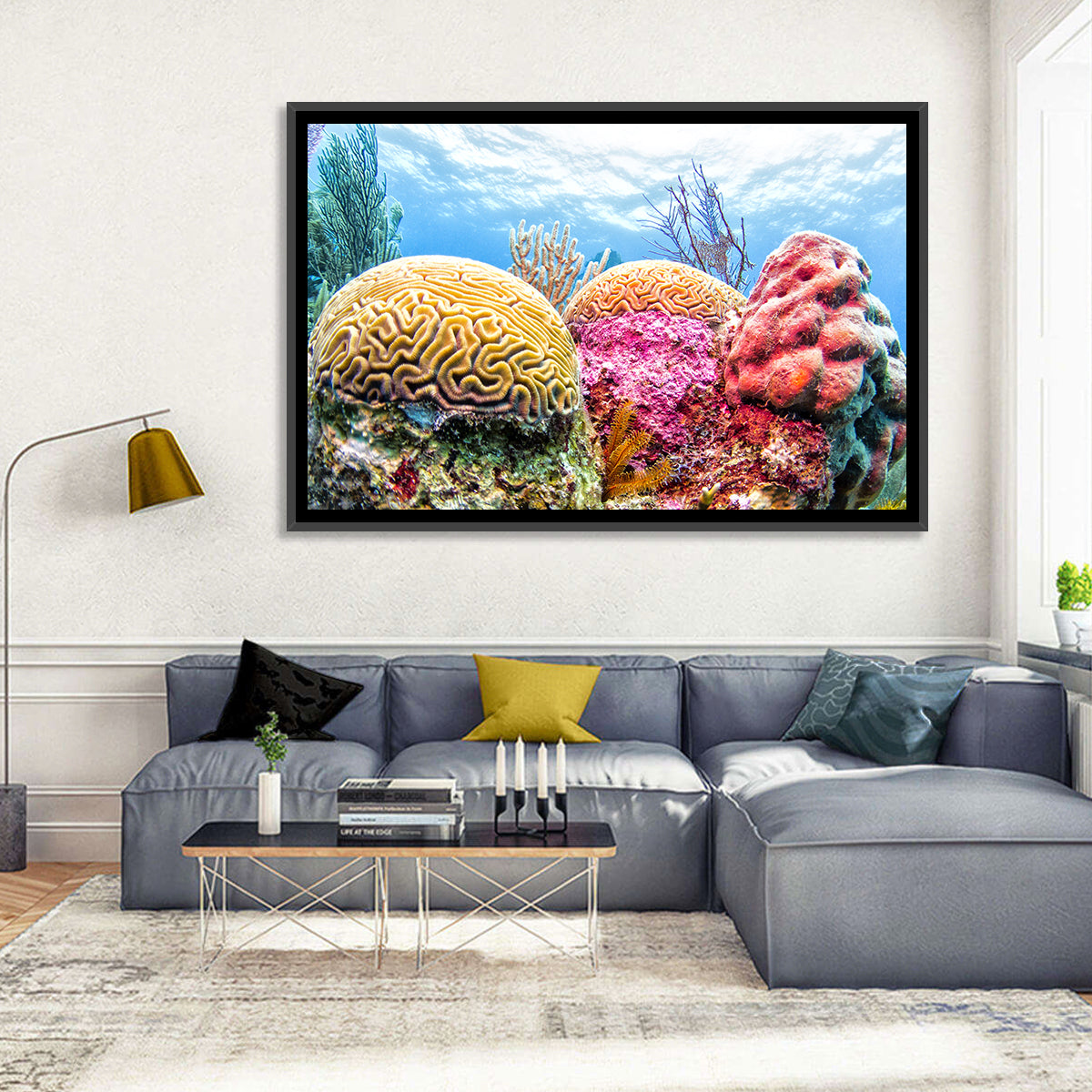 Vibrant Brain Coral Reef Wall Art in a room, landscape