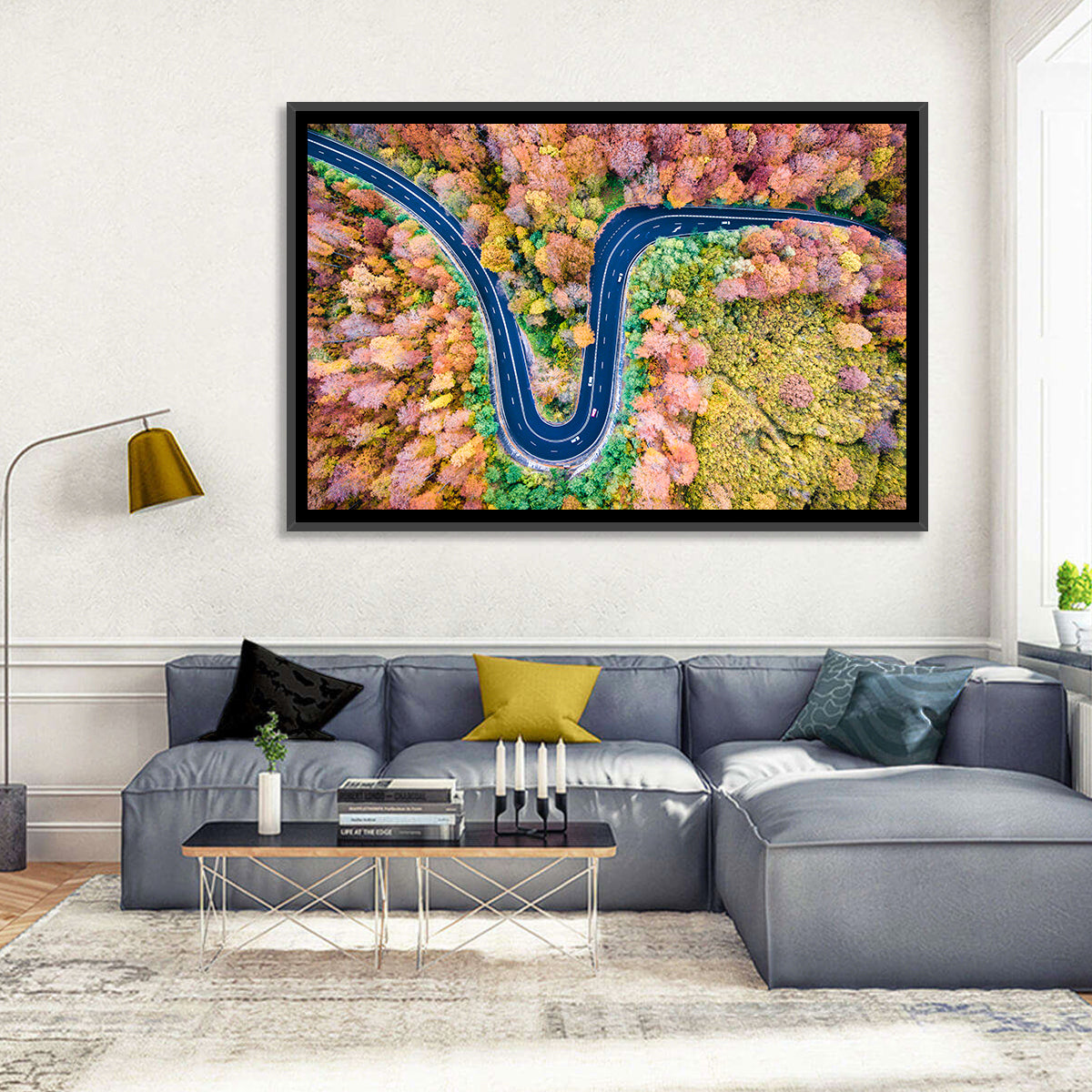 Winding Forest Road Wall Art in a room, landscape