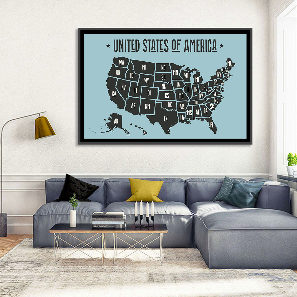 Minimalist USA Map with State Abbreviations Wall Art in a room, landscape
