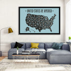 Minimalist USA Map with State Abbreviations Wall Art
