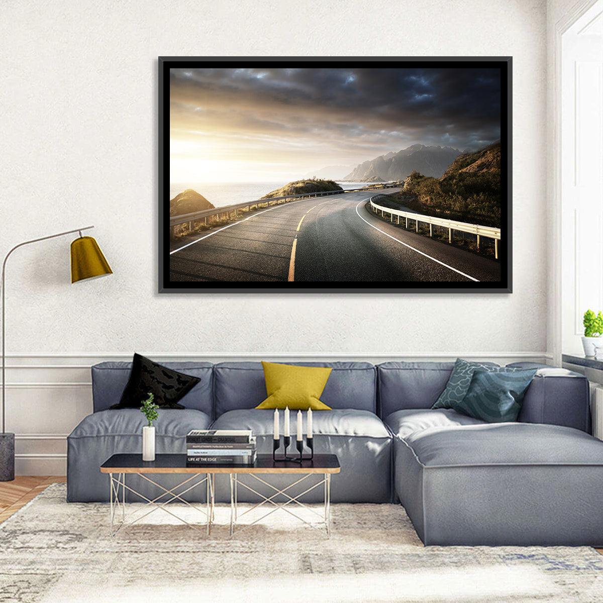 Golden Sunrise Coastal Road Wall Art in a room, landscape