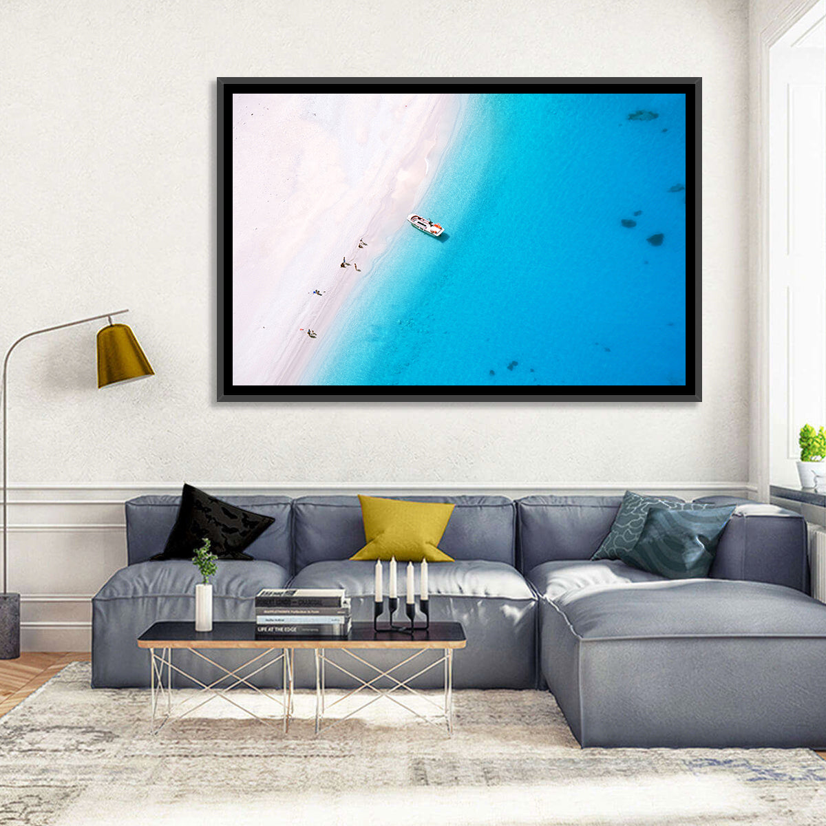 Aerial Beach Bay with White Boat Wall Art