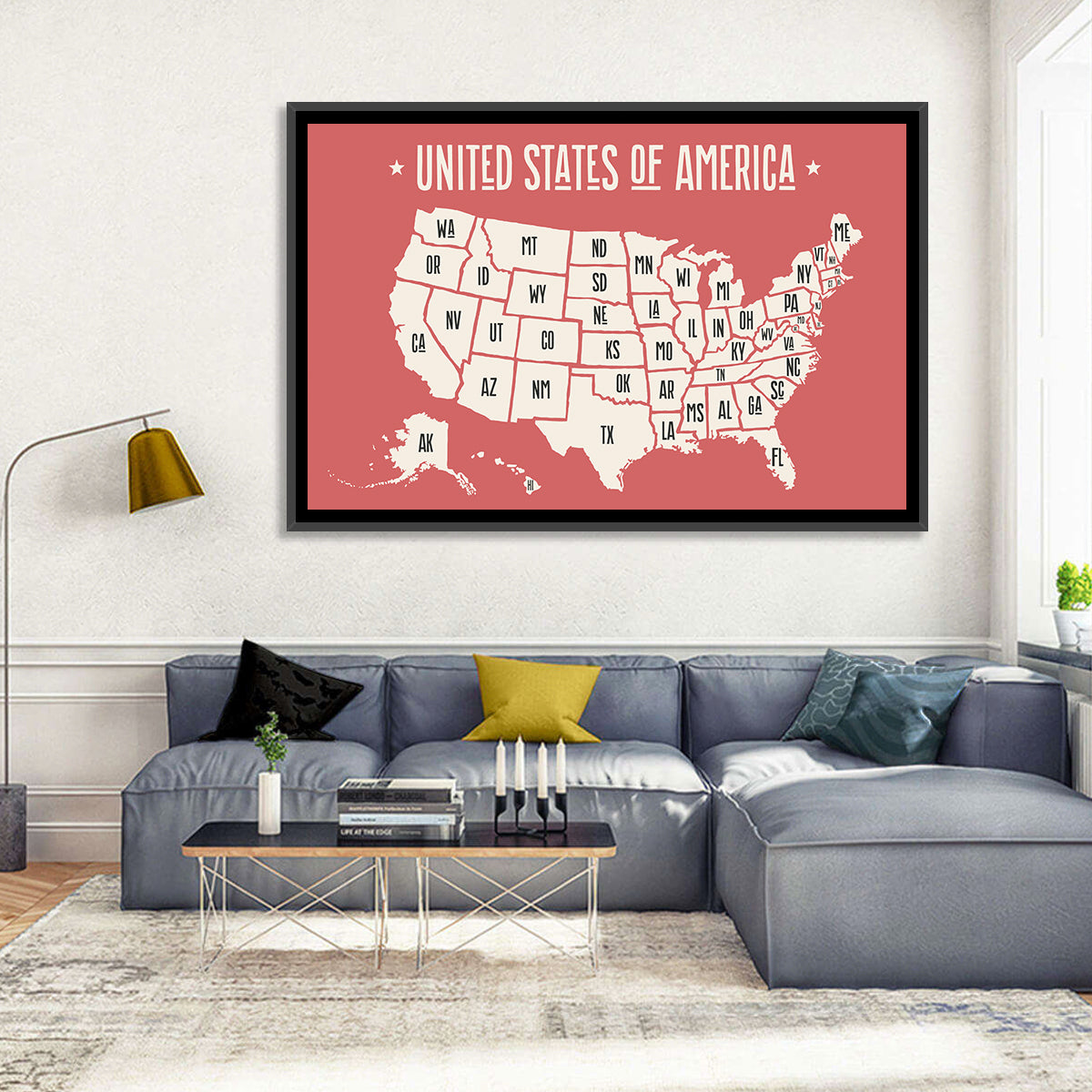 United States Map with State Abbreviations Wall Art