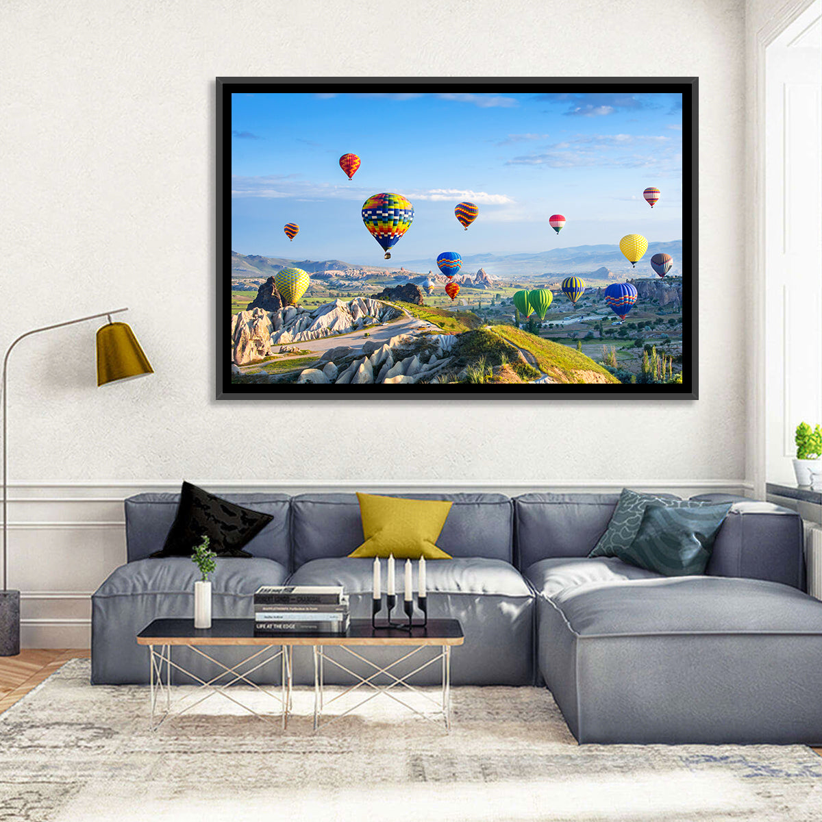 Cappadocia Hot Air Balloons Over Rock Valleys Wall Art in a room, landscape