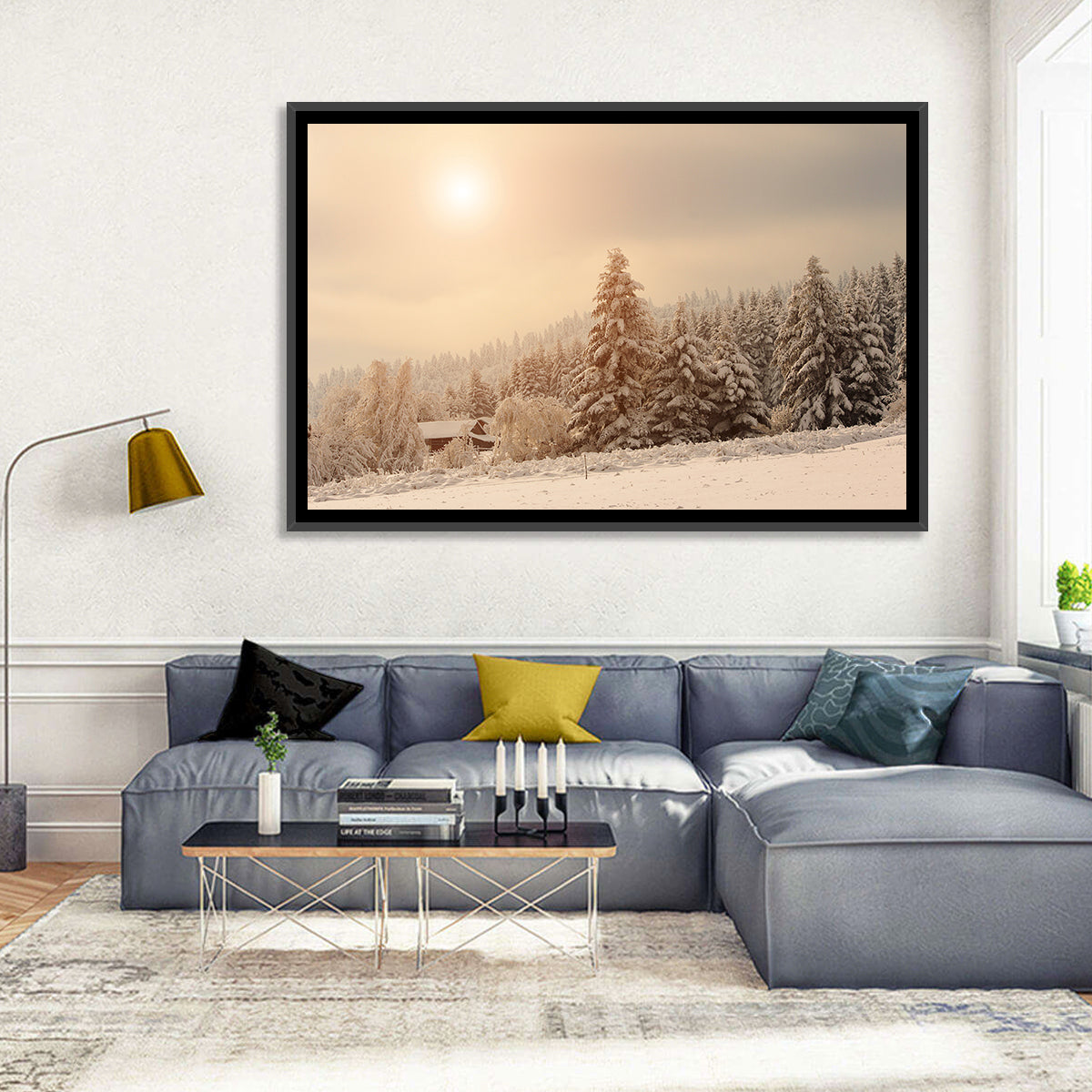Snowy Pine Forest at Golden Hour Wall Art in a room, landscape