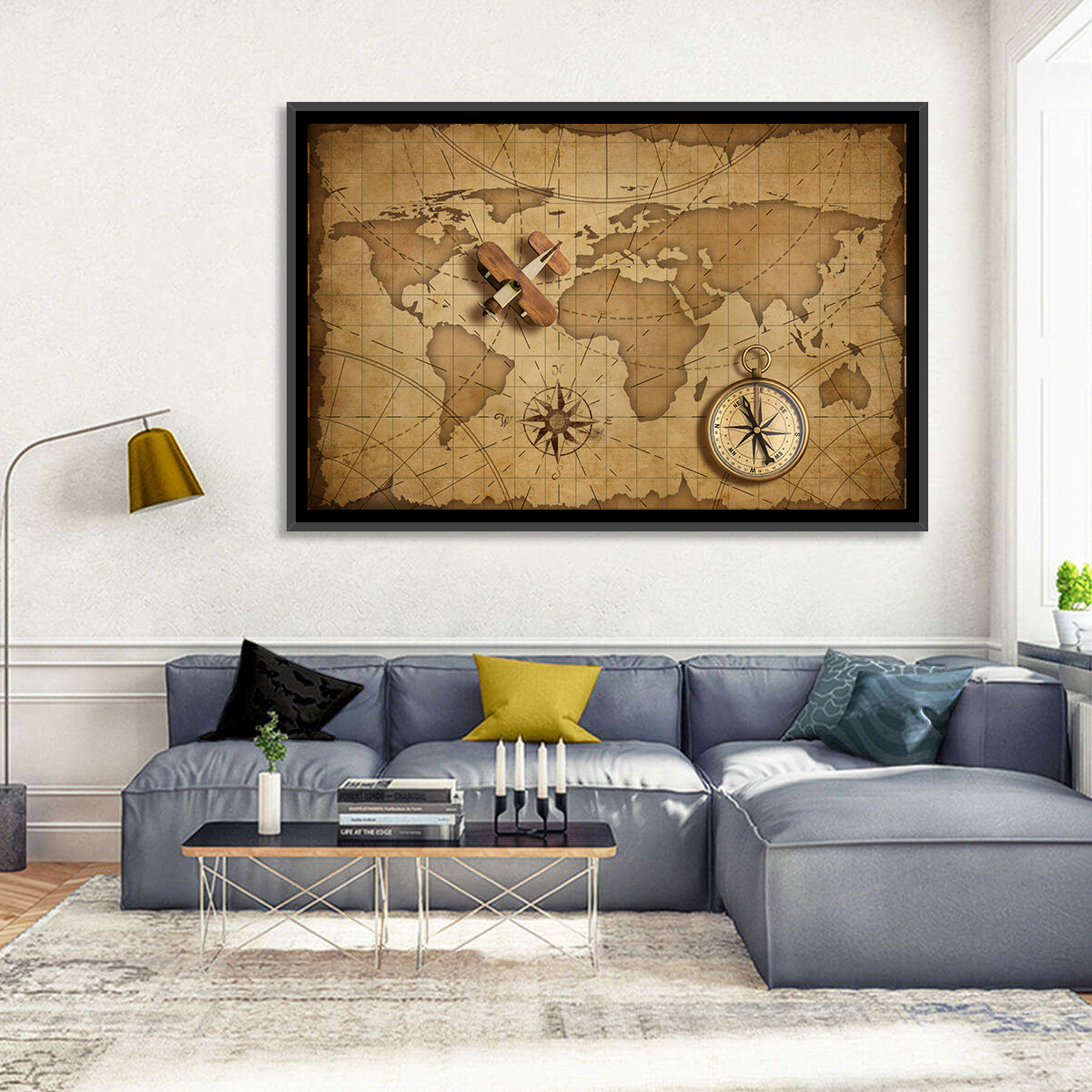Retro Map with Biplane and Compass Wall Art in a room, landscape