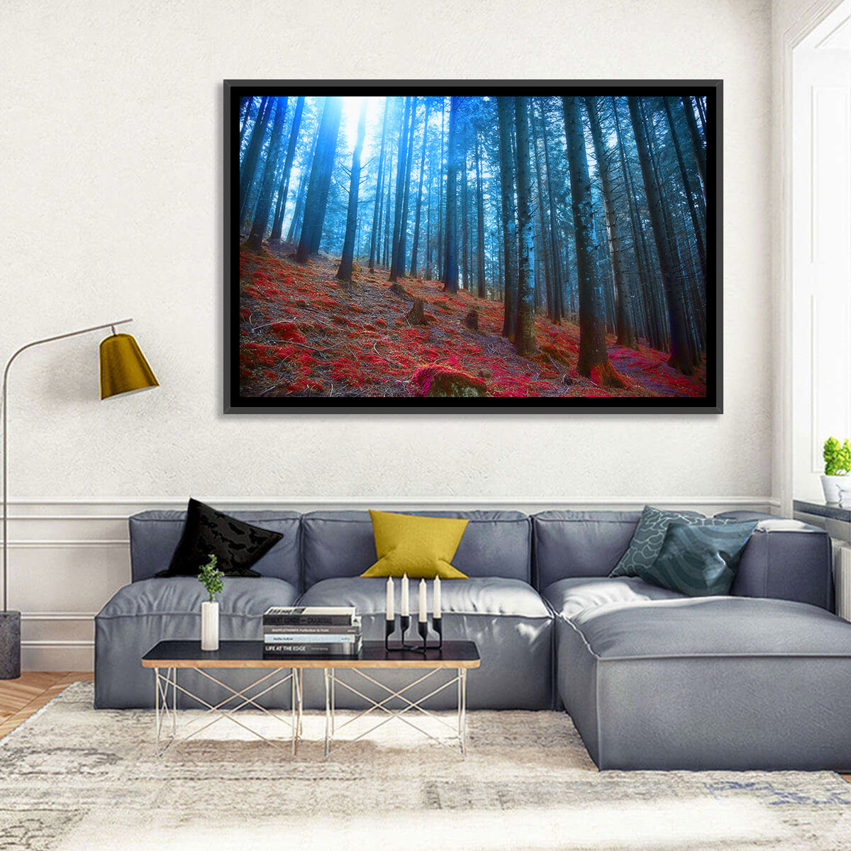 Enchanted Red Moss Forest Wall Art in a room, landscape