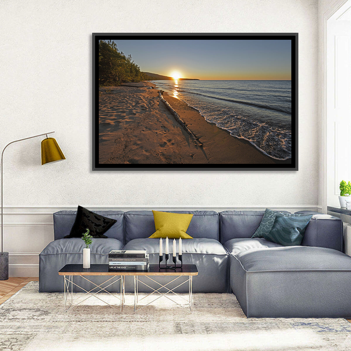 Lake Superior Driftwood Beach Sunset Wall Art in a room, landscape