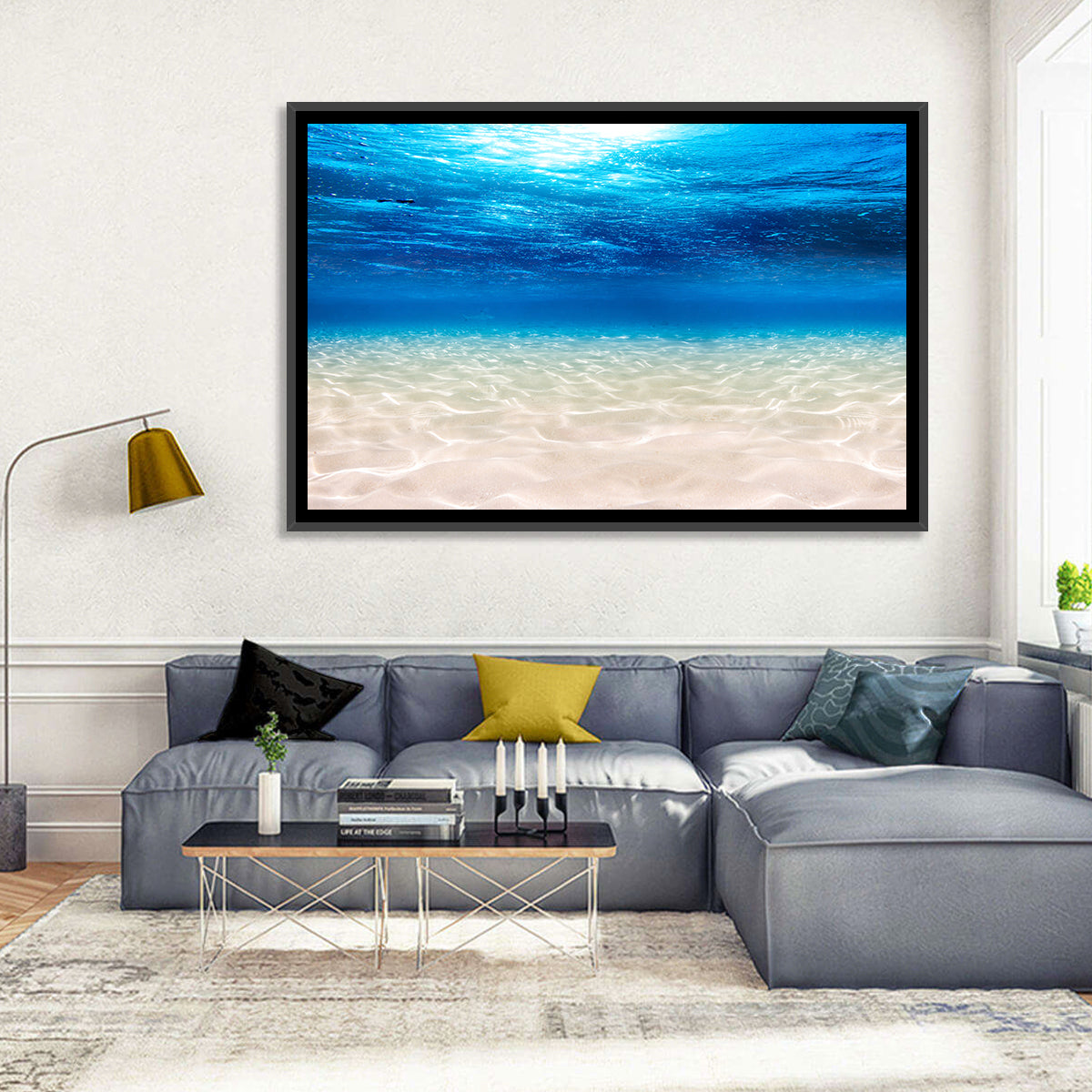 Sunlit Sandy Seabed Wall Art in a room, landscape