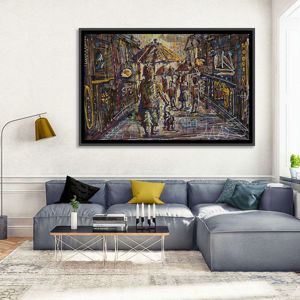 Rainy City Street Wall Art in a room, landscape