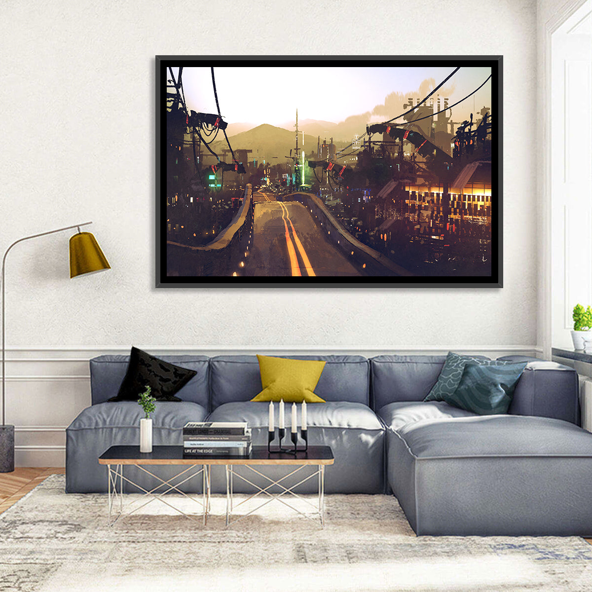 Futuristic Highway at Dusk Wall Art in a room, landscape
