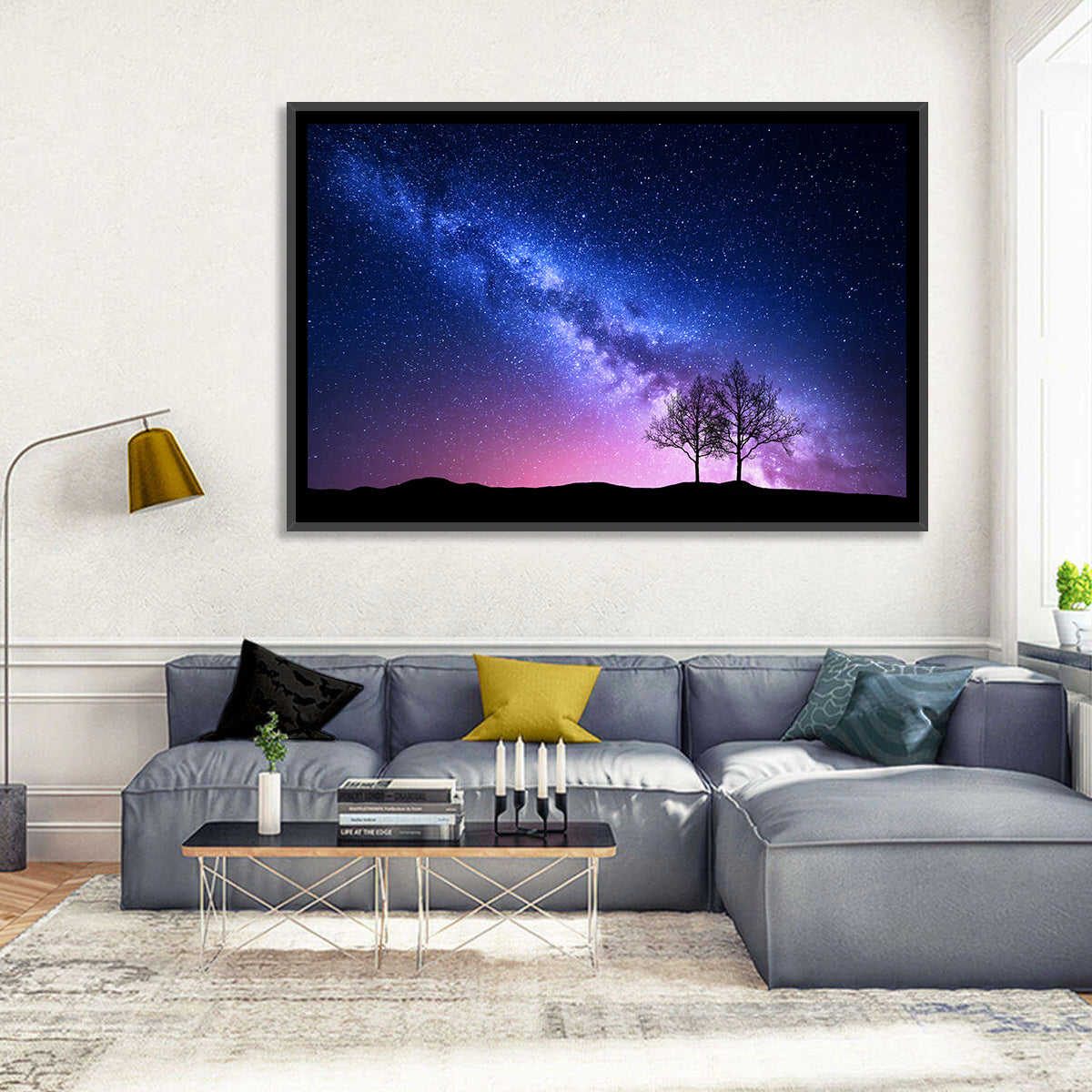 Milky Way Nebula Sky with Silhouetted Trees Wall Art in a room, landscape