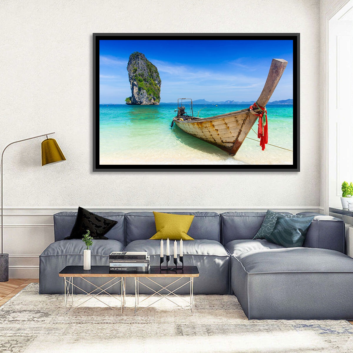 Krabi Longtail Boat Seascape Wall Art in a room, landscape