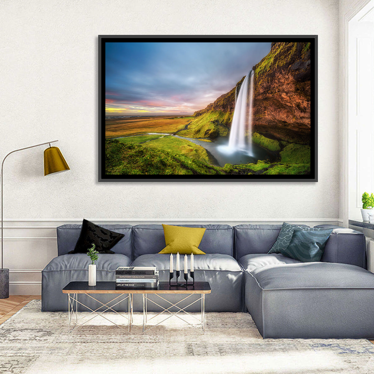 Seljalandsfoss Waterfall Wall Art in a room, landscape
