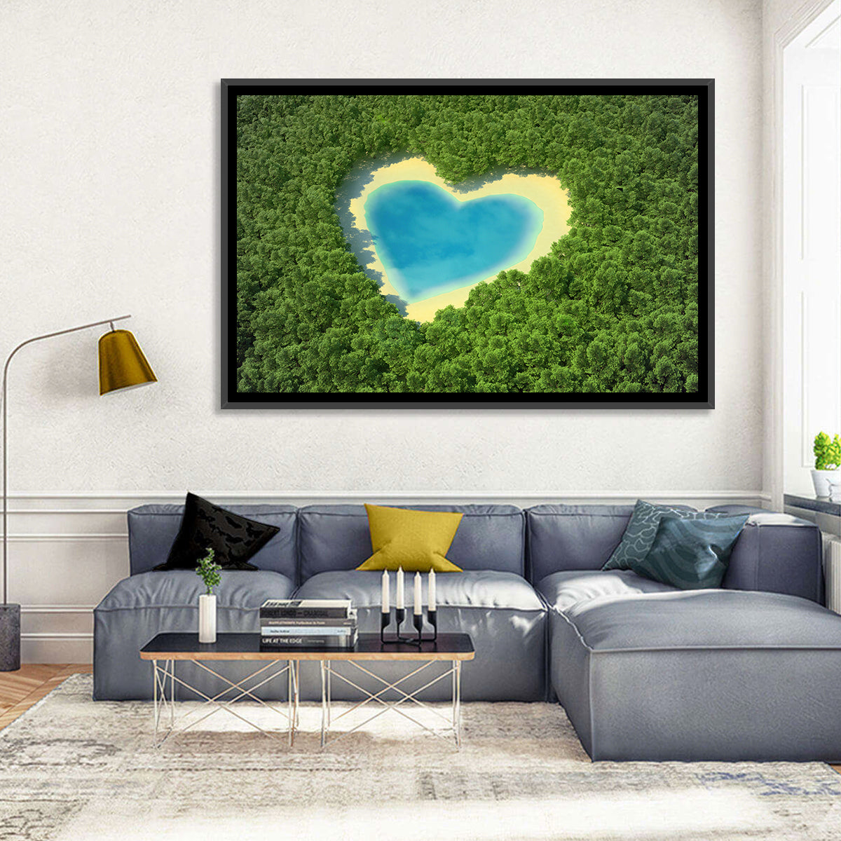 Heart-shaped Pond Aerial View Wall Art in a room, landscape