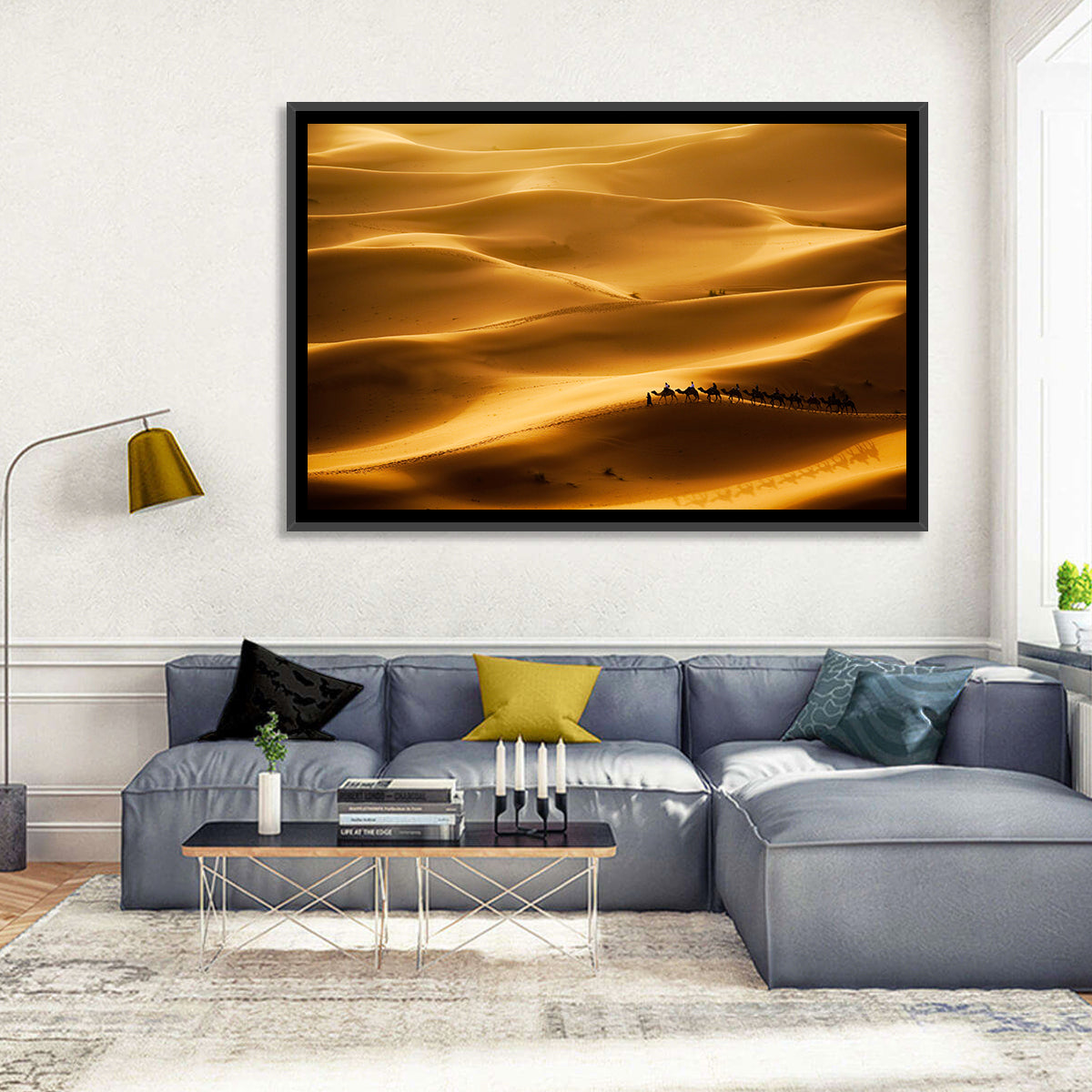 Golden Hour Camel Caravan Wall Art in a room, landscape