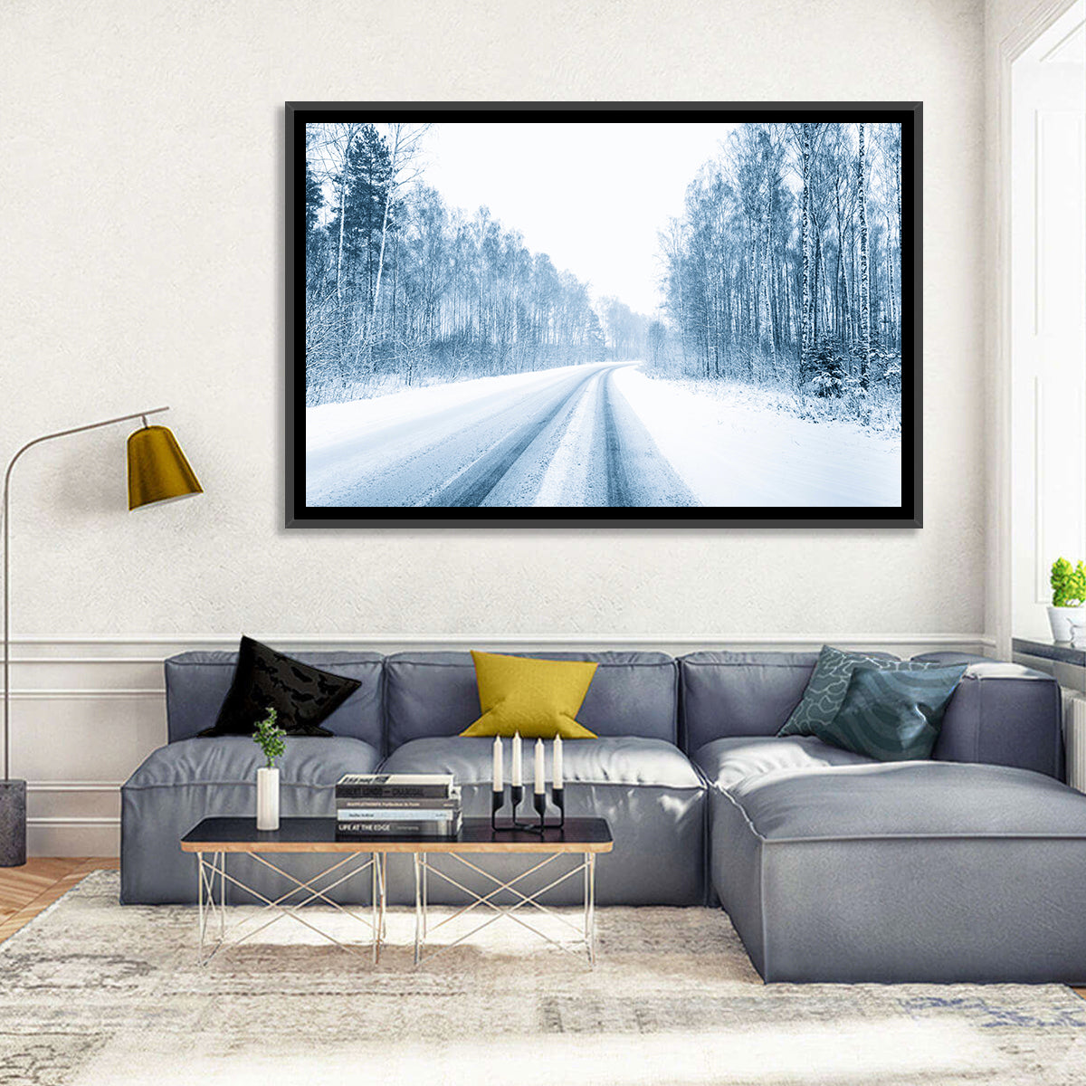 Tire Tracks on Snowy Road Wall Art in a room, landscape