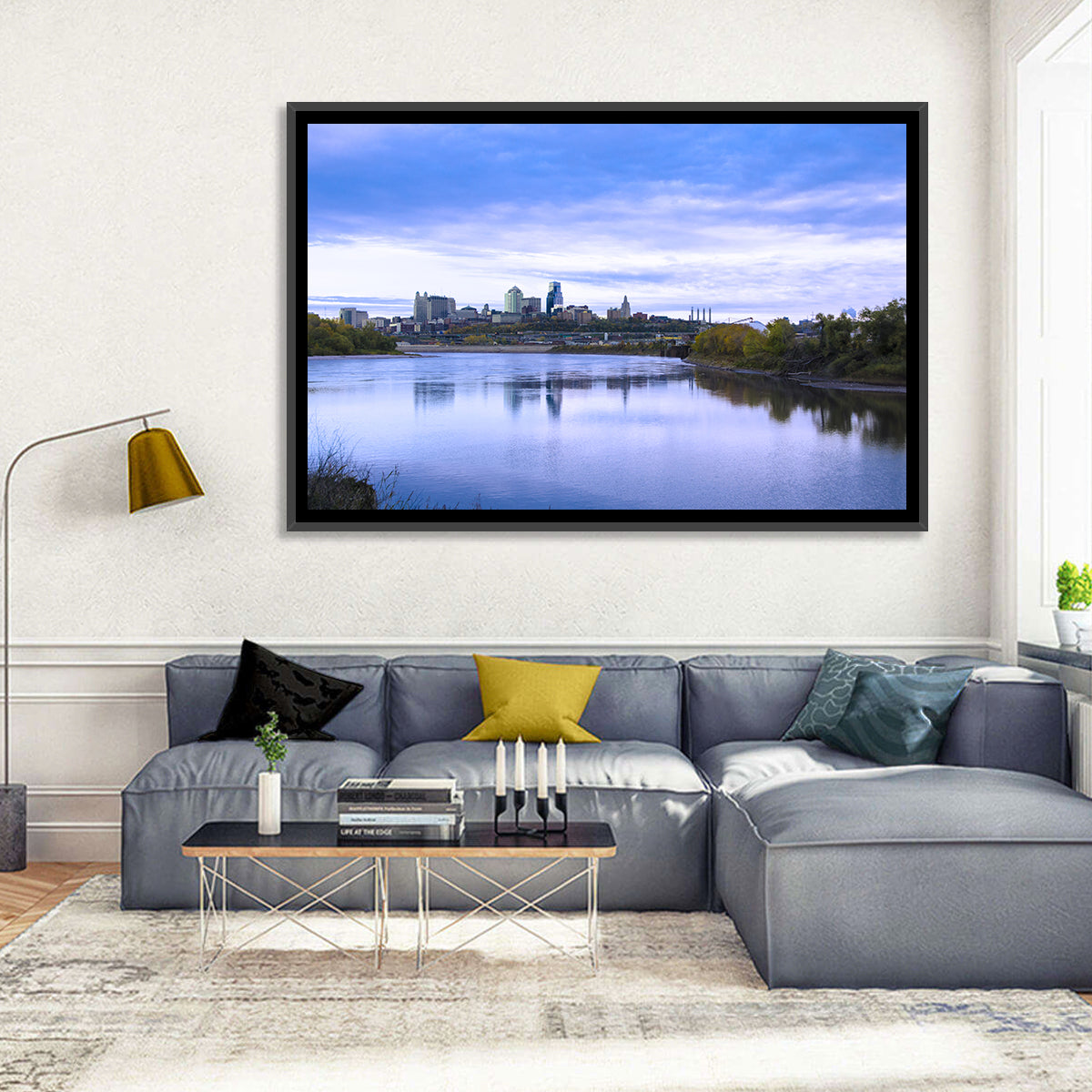 Kansas City Skyline at Dusk Wall Art in a room, landscape