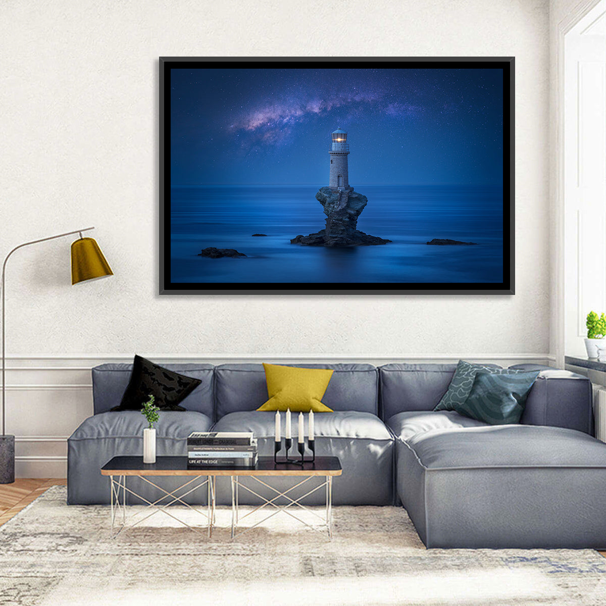 Tourlitis Lighthouse Nightscape Wall Art in a room, landscape