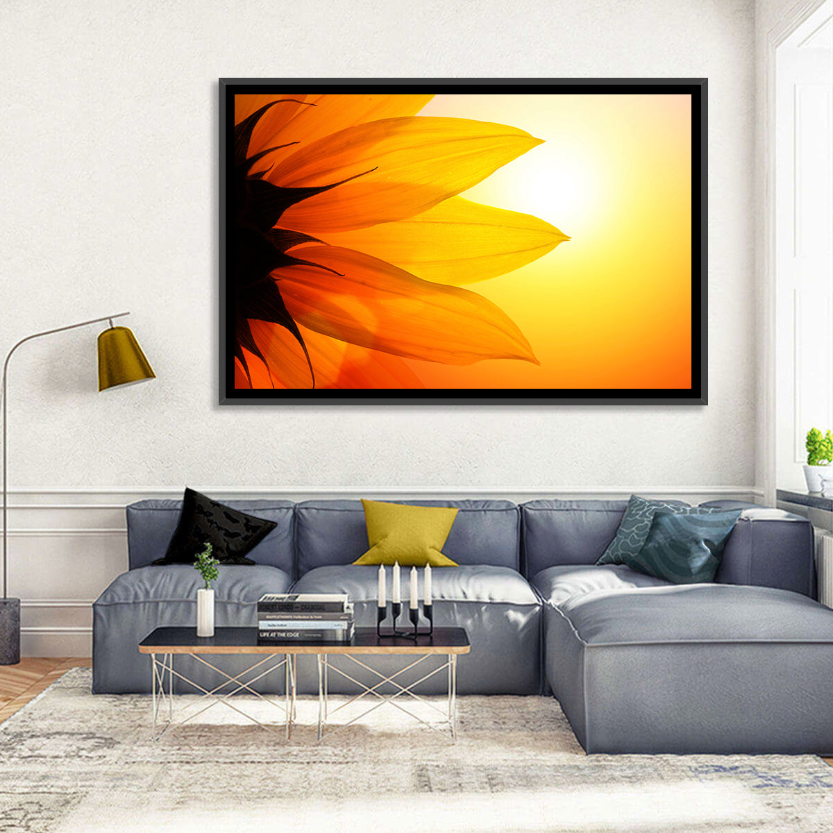Backlit Sunflower Petals Wall Art in a room, landscape
