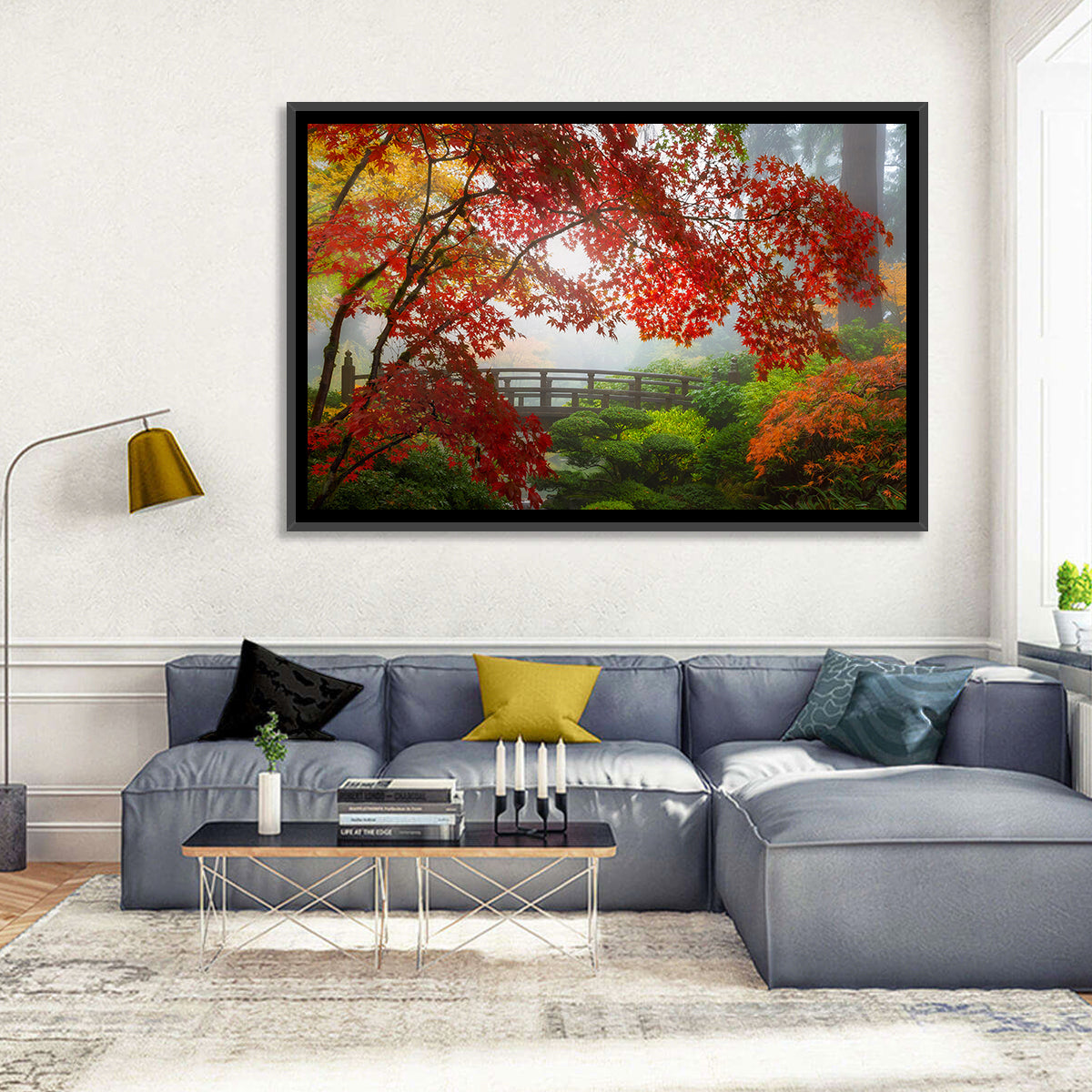 Portland Moon Bridge in Autumn Mist Wall Art in a room, landscape