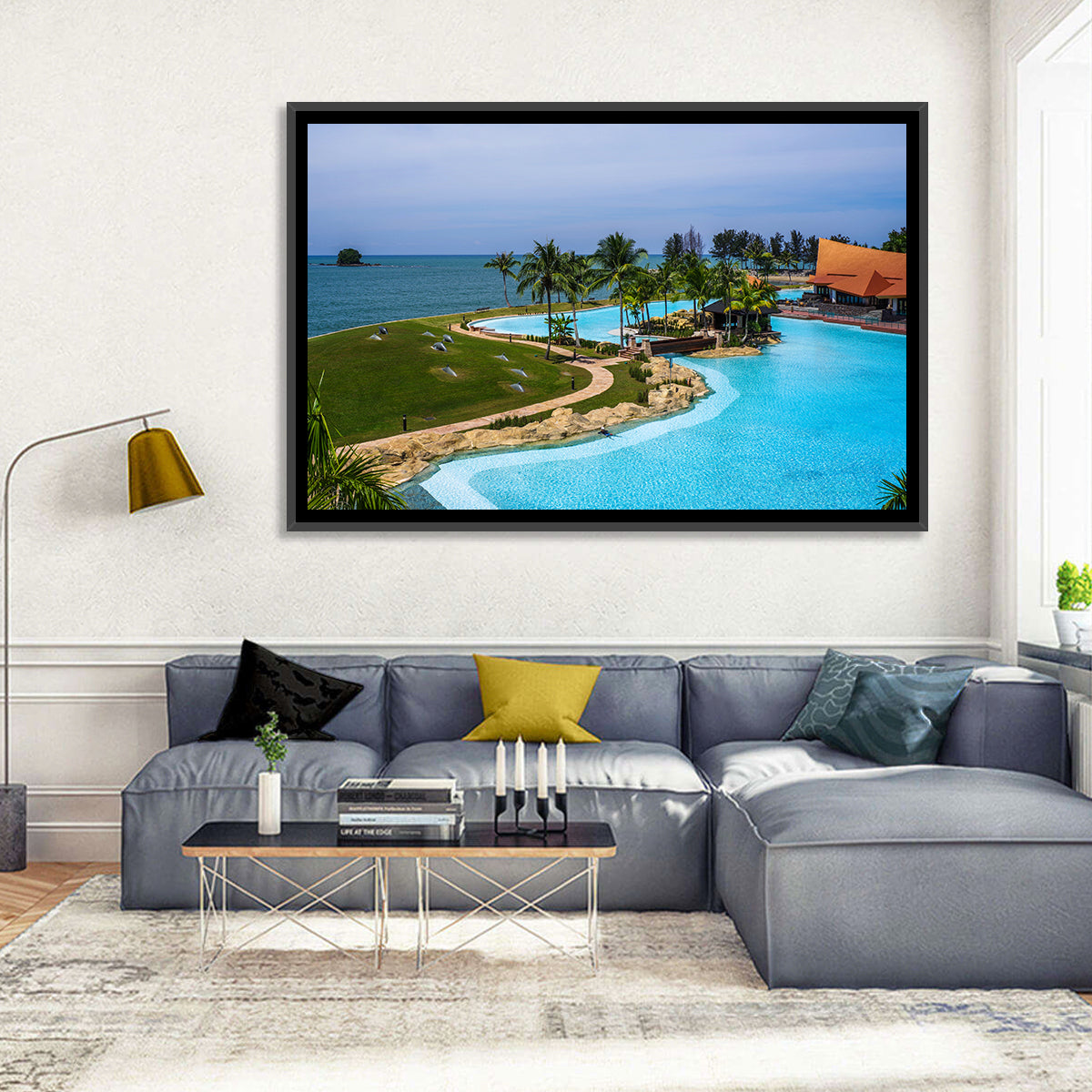 Tiered Resort Pool Horizon Wall Art in a room, landscape