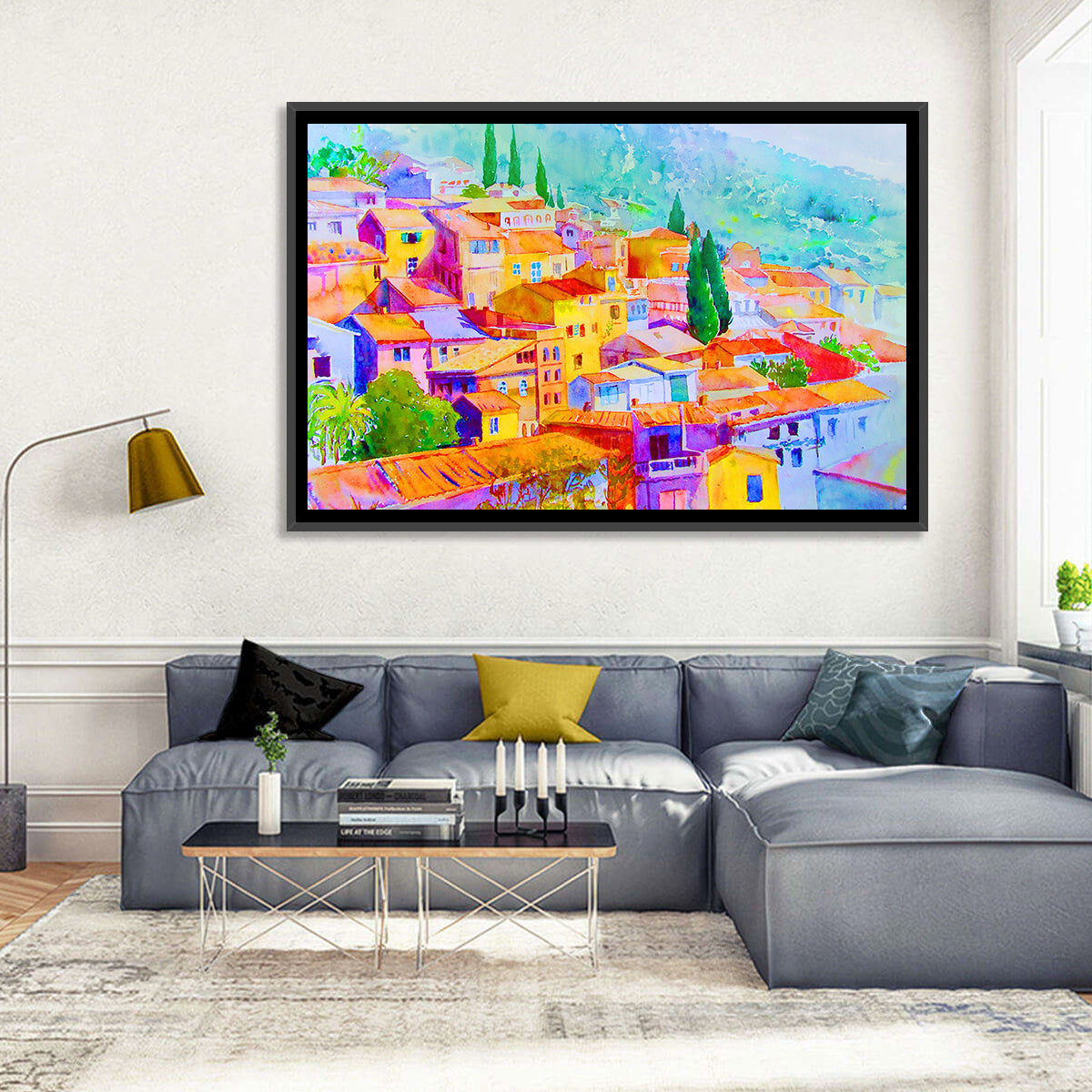 Mediterranean Hillside Watercolor Village Wall Art in a room, landscape