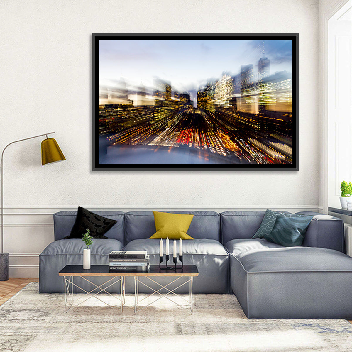 Zoom Burst Skyline Abstract Wall Art in a room, landscape