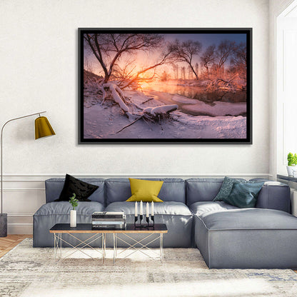 Sunset Over Snowy Forest Lake Wall Art