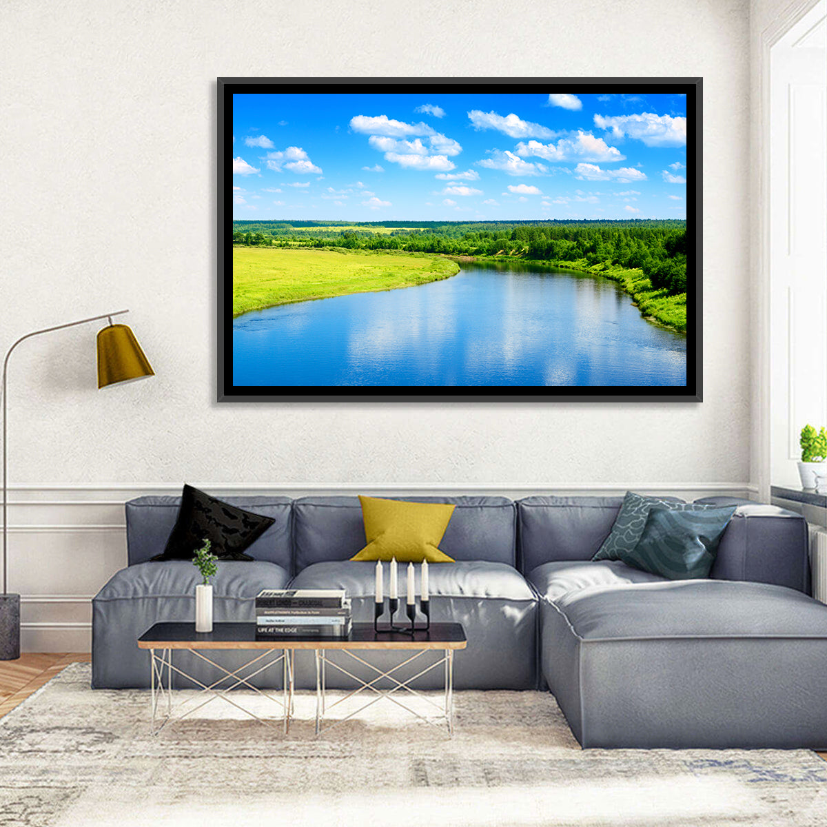 Blue River Meadow Wall Art in a room, landscape