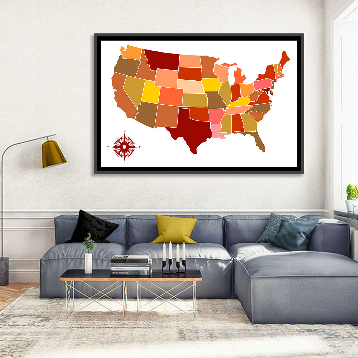 Stylized United States Map Wall Art in a room, landscape