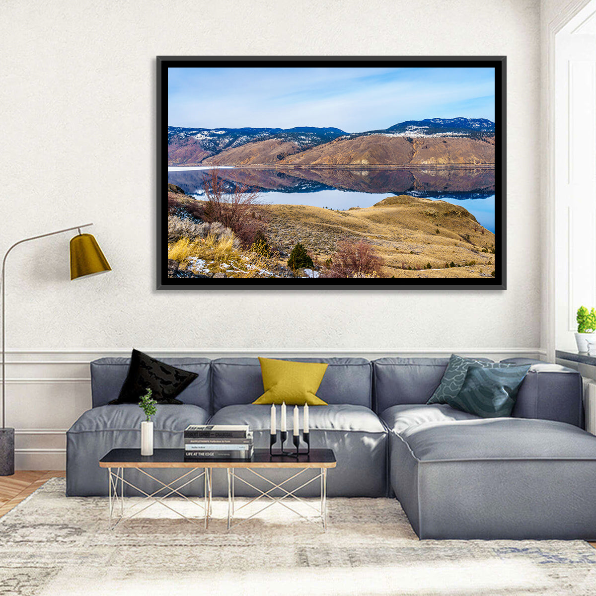 Kamloops Lake Mountain Reflection Wall Art in a room, landscape