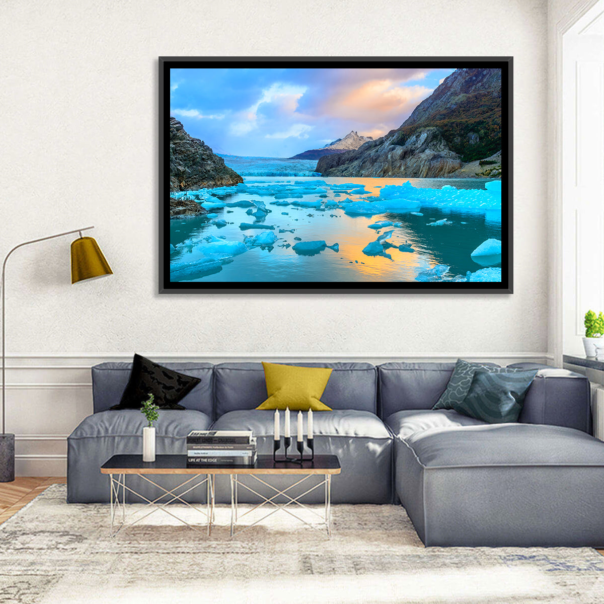 Grey Glacier at Sunset Wall Art in a room, landscape