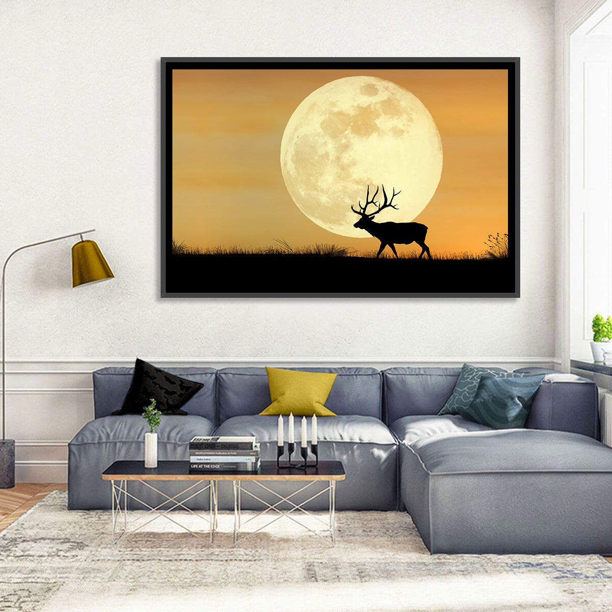 Bull Elk Silhouette Under Supermoon Wall Art in a room, landscape