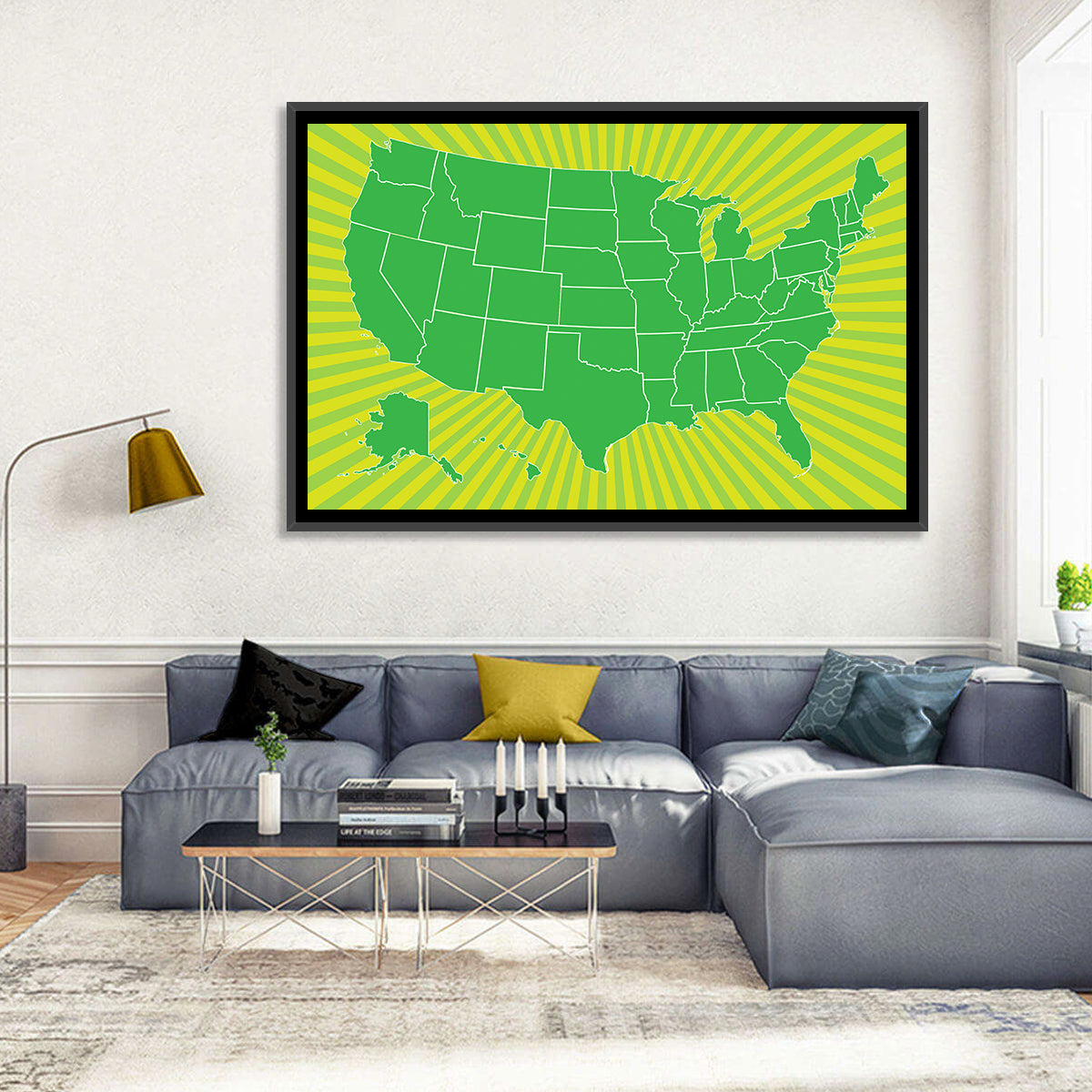 Green Sunburst USA Map Wall Art in a room, landscape
