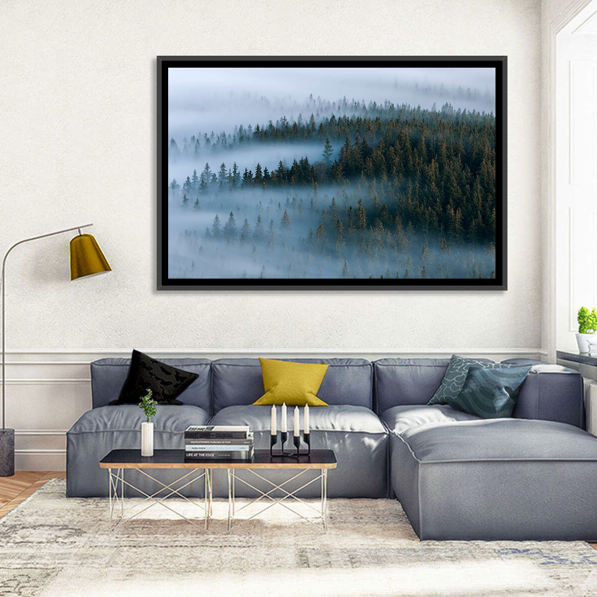 Morning Mist Over Pine Valley Wall Art in a room, landscape