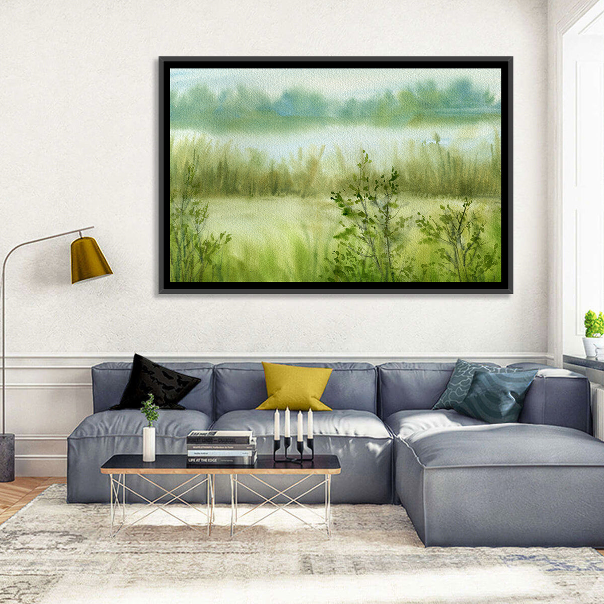Misty River Meadow Watercolor Wall Art