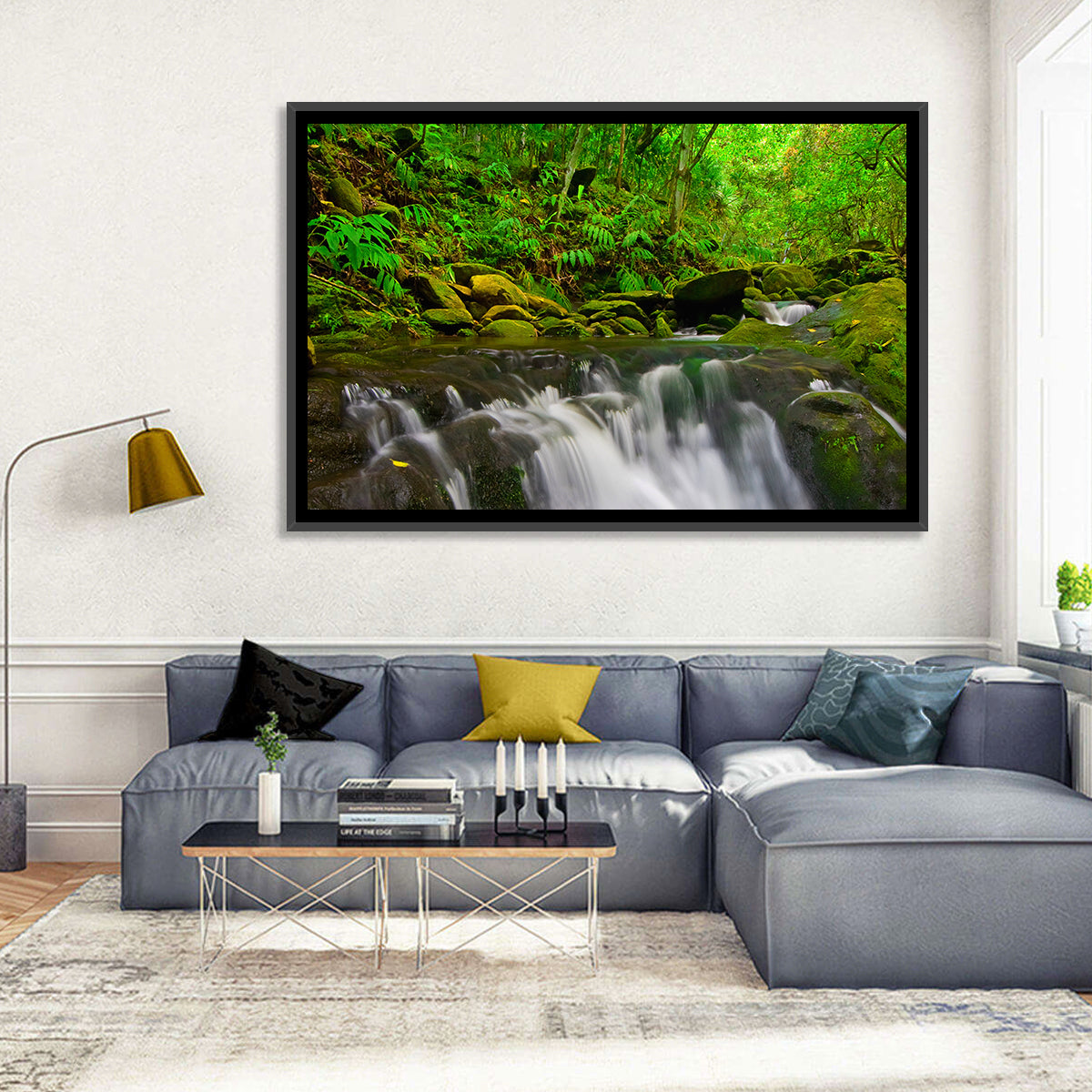 Emerald Jungle Stream Wall Art in a room, landscape