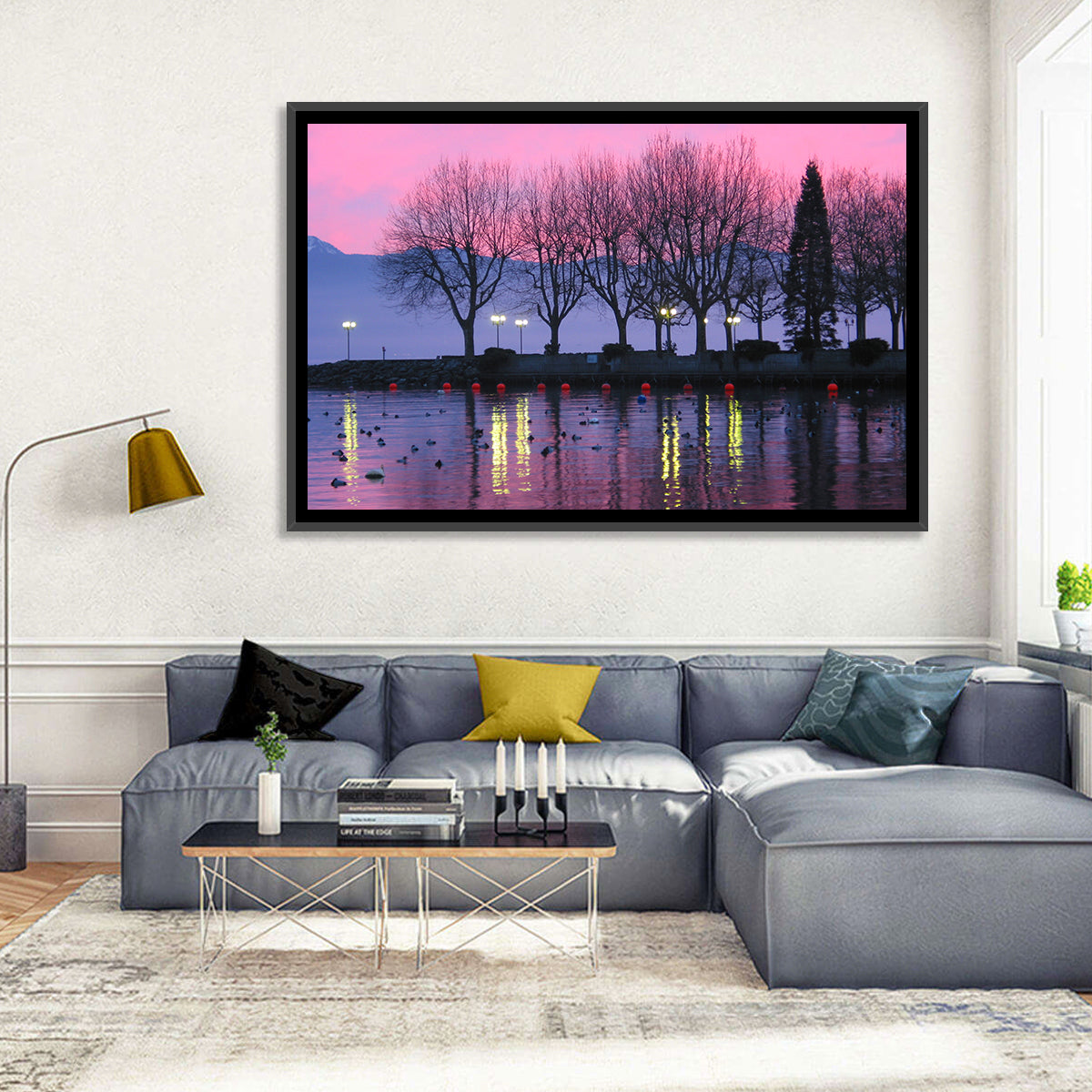 Lake Geneva Twilight Wall Art in a room, landscape