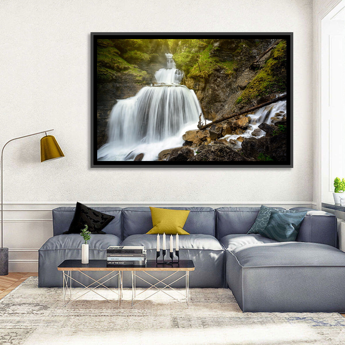 White Cascade Over Mossy Rocks Wall Art in a room, landscape